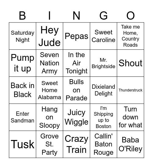Colleg Teams Stadium Songs Bingo Card