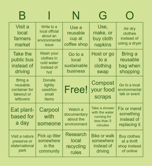 Climate Club Sustainability BINGO Card