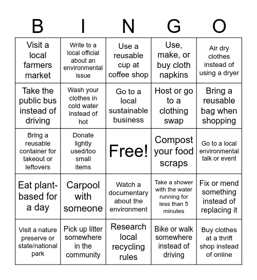 Climate Club Sustainability BINGO Card