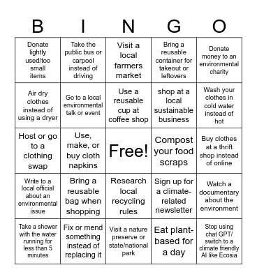 Environmental Club Sustainability BINGO Card