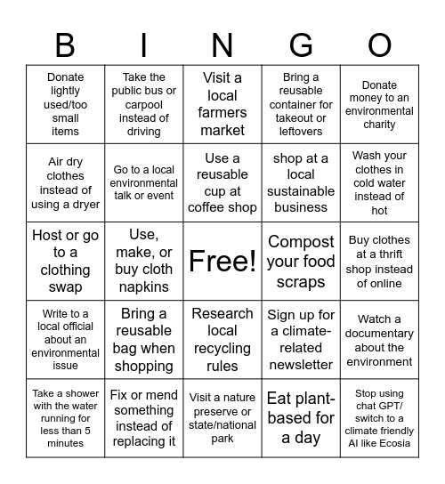 Environmental Club Sustainability BINGO Card