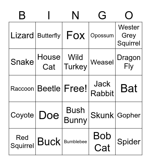 Kristy's Kritters Bingo Card