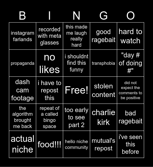 instagram reels bingo Card