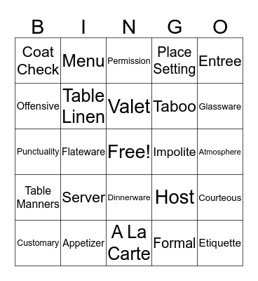 TABLE MANNERS Bingo Card