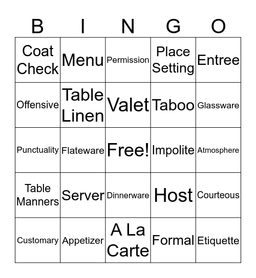 TABLE MANNERS Bingo Card