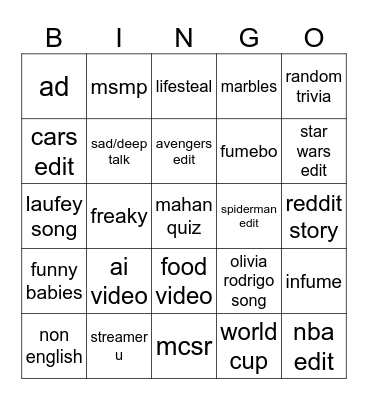 TIK TOK Bingo Card