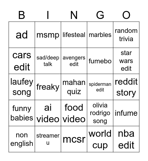 TIK TOK Bingo Card