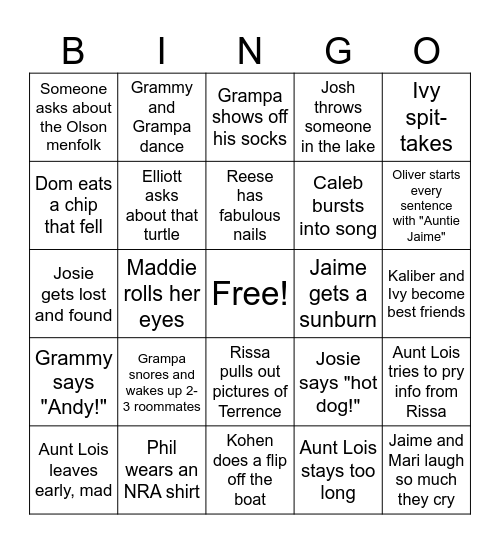 Reunion Bingo Card