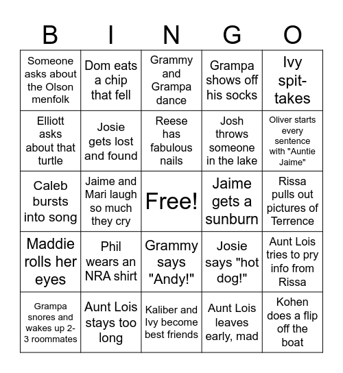Reunion Bingo Card