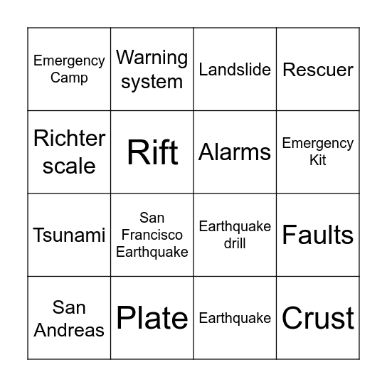 Earthquakes and Tsunamis Bingo Card