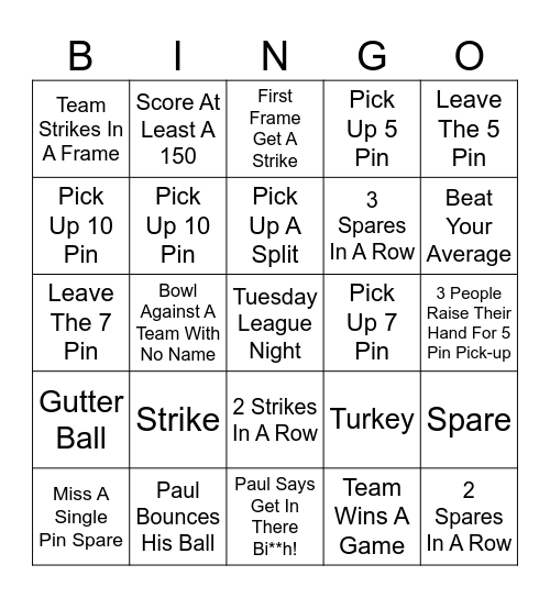 Bowling Bingo Card