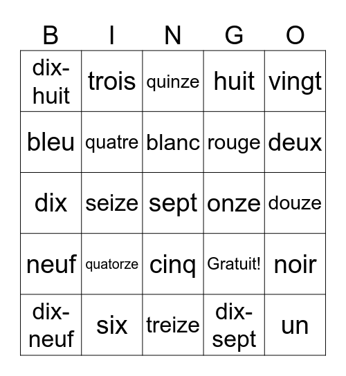 French Bingo Card