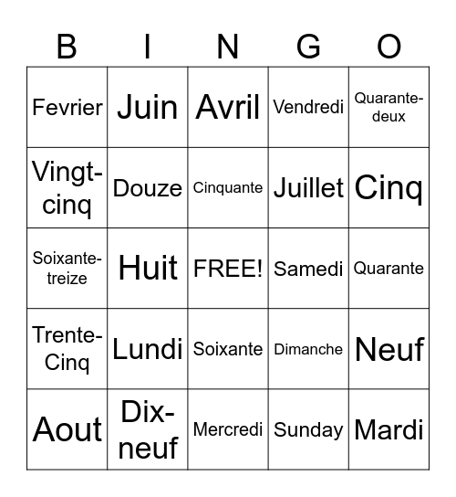FRENCH Bingo Card