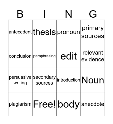 Vocabulary 22 and 23 Bingo Card