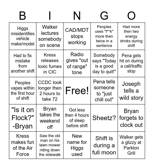 Black Sheep Platoon Bingo Card