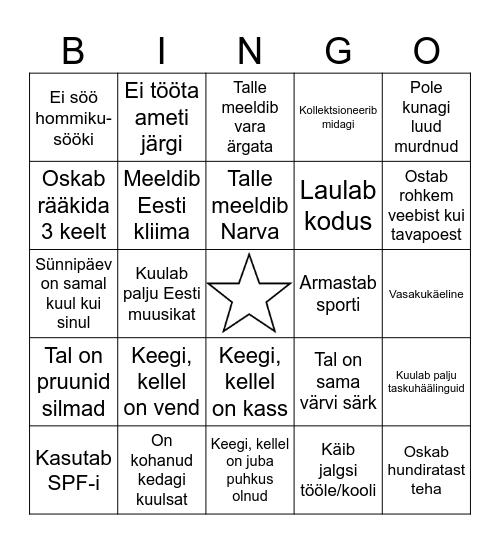 Tutvumisbingo Card
