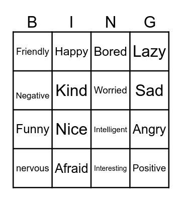 Adjectives Bingo Card