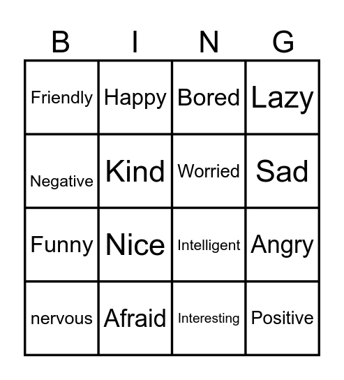 Adjectives Bingo Card