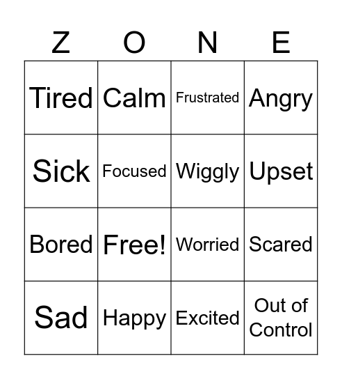 Zones of Regulation Bingo Card