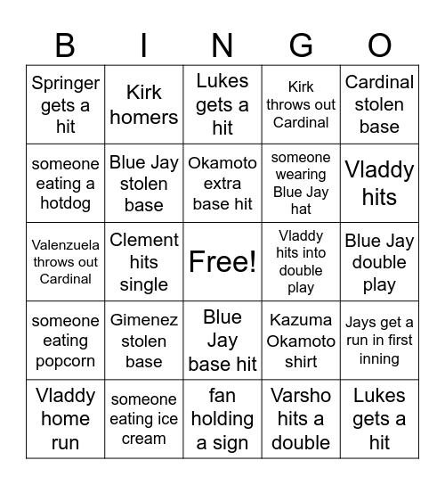 Blue Jay Bingo Card