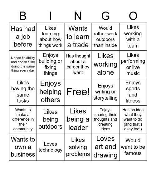Career Exploration Bingo Card