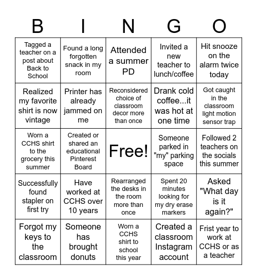Back to School Bingo for Teachers Bingo Card