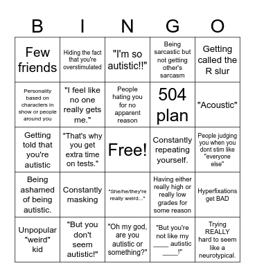 High Functioning Autistic experience Bingo Card