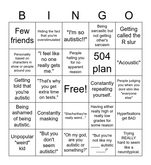 High Functioning Autistic experience Bingo Card