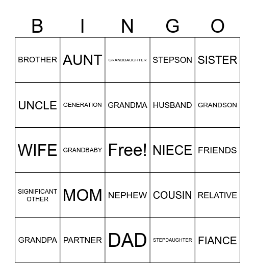 FAMILY Bingo Card