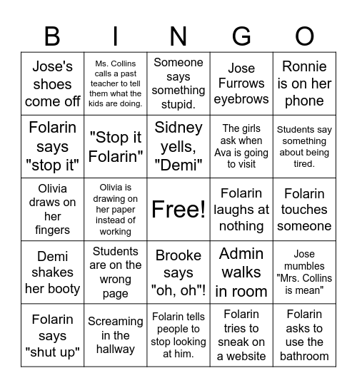 Crazy Summer School Bingo Card