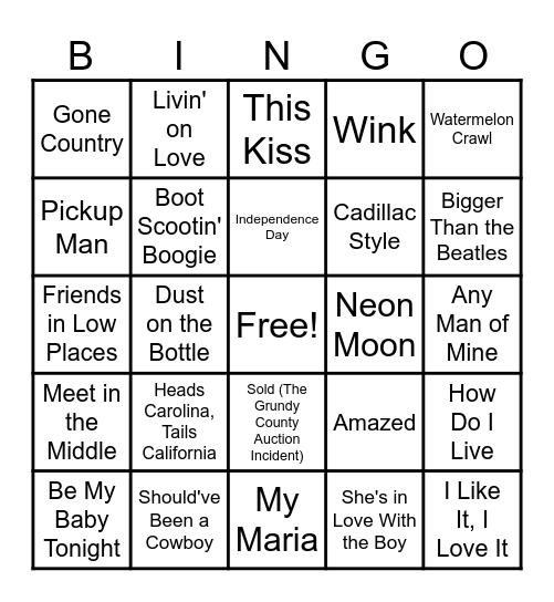 90s Country Bingo Card