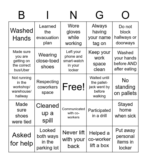 Workplace Safety Bingo Card