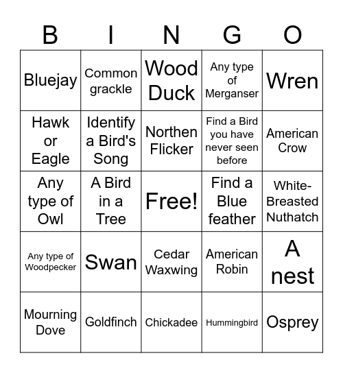 Birding Bingo Card