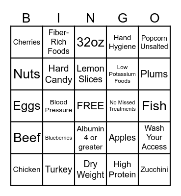 Dialysis Bingo Card