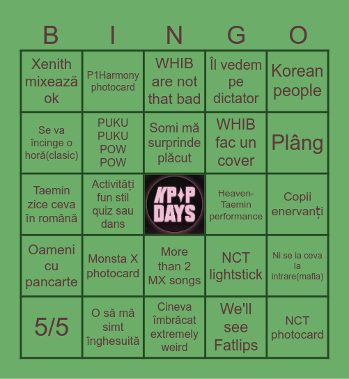 K-pop days Bingo Card