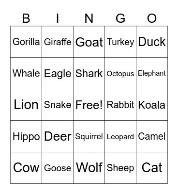 Animal Bingo Card