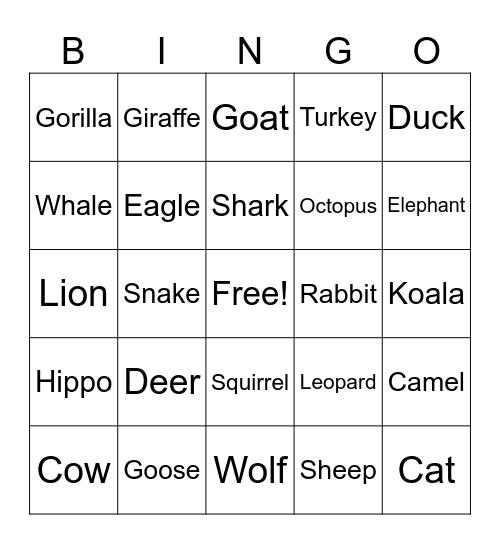 Animal Bingo Card