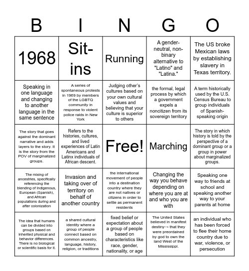 Latinx Studies Review Bingo Card