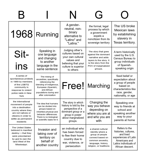 Latinx Studies Review Bingo Card
