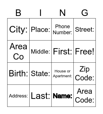 Personal Information Bingo Card