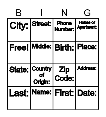 Personal Information Bingo Card