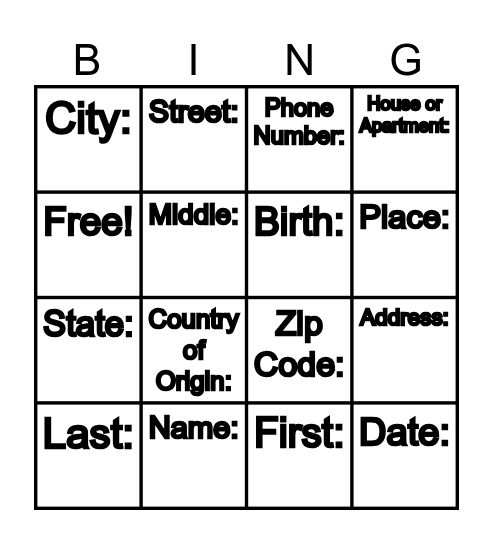 Personal Information Bingo Card