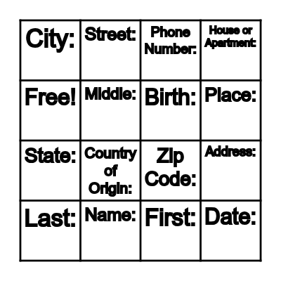 Personal Information Bingo Card