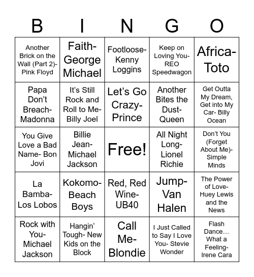 Billboard Hot 100 #1 Singles of The 80's Bingo Card