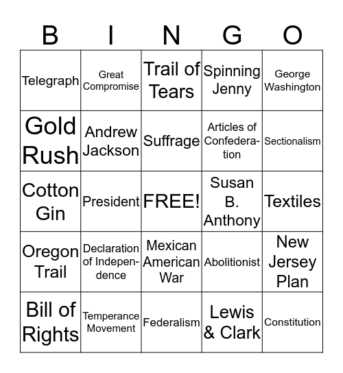 The American Revolution, Constitution, Life in the New Nation Bingo Card