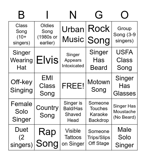 Karaoke Bingo Card