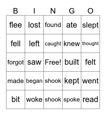 Irregular Verbs Bingo Card