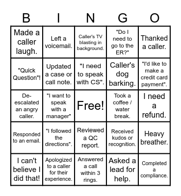 Call Center Bingo! Bingo Card