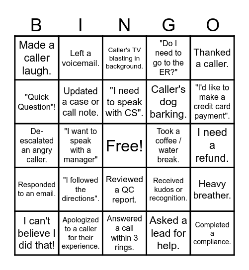 Call Center Bingo! Bingo Card