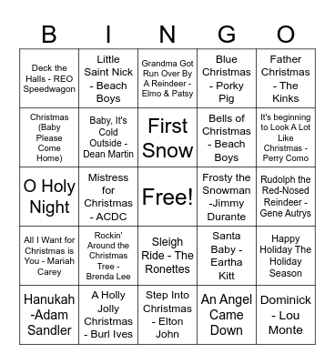 CRAZY K'S MUSIC BINGO CHRISTMAS IN JULY Bingo Card